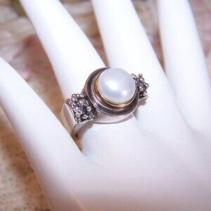 Vintage Michael Dawkins Sterling Silver 14K Gold Pearl Ring - Size 5.75